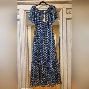 Lenon x Anthropologie Blue/White Off Shoulder Tiered Maxi Dress SZ M NWT